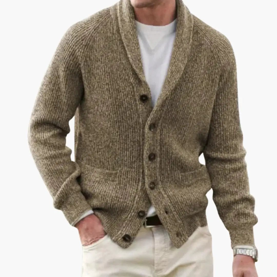 Asher - Men's Shawl Collar Button Front Ribbed Knit Cardigan