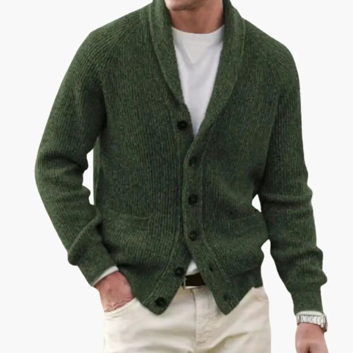 Asher - Men's Shawl Collar Button Front Ribbed Knit Cardigan