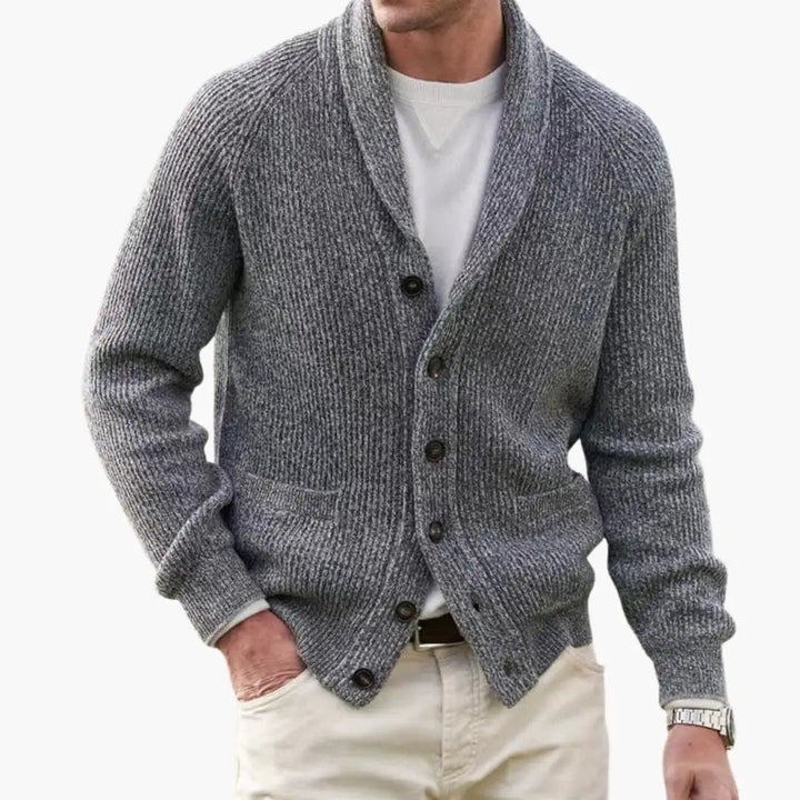 Asher - Men's Shawl Collar Button Front Ribbed Knit Cardigan