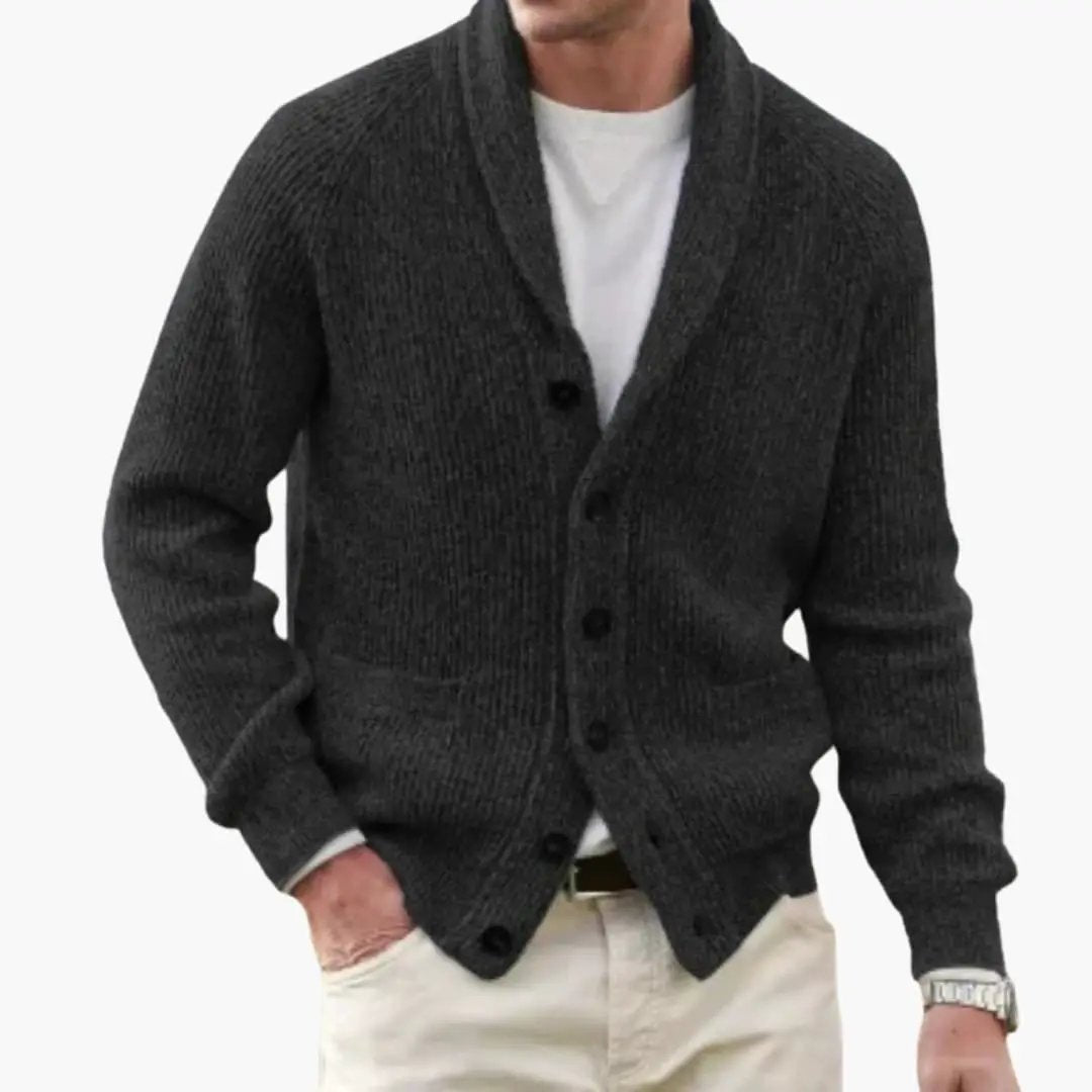Asher - Men's Shawl Collar Button Front Ribbed Knit Cardigan