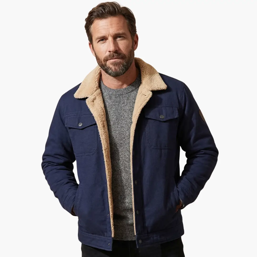 Caleb - Men's Sherpa-Lined Button Front Trucker Jacket with Pockets