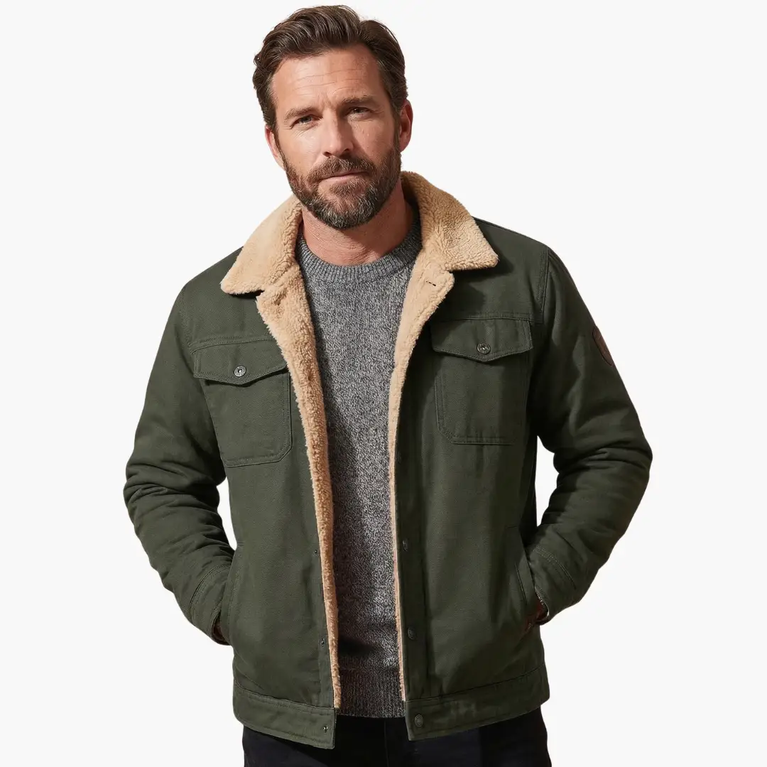 Caleb - Men's Sherpa-Lined Button Front Trucker Jacket with Pockets