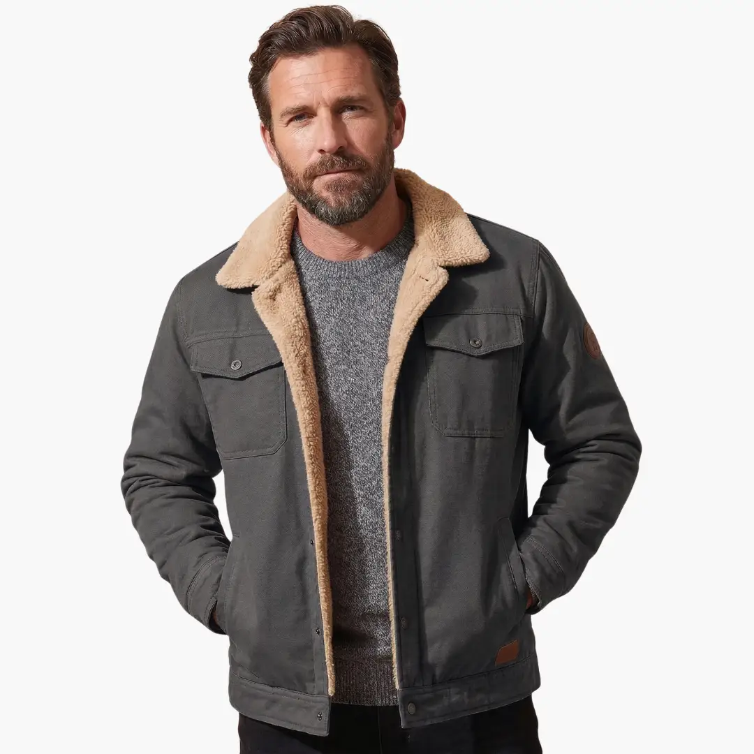 Caleb - Men's Sherpa-Lined Button Front Trucker Jacket with Pockets