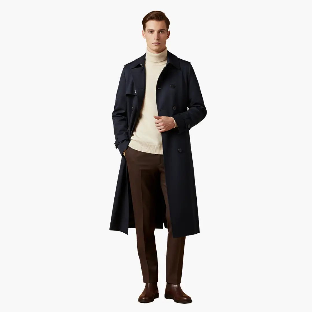 Dawson - Men's Belted Button Front Over the Knee Long Trench Coat