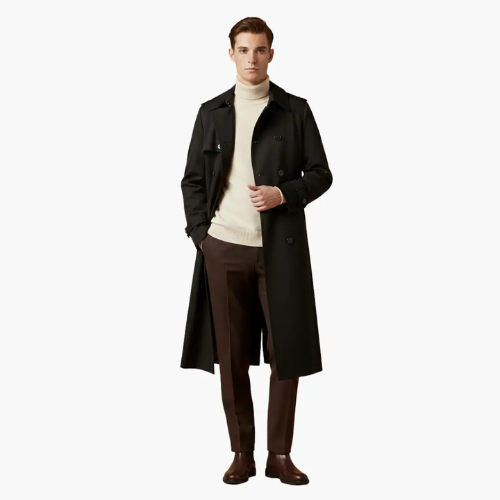 Dawson - Men's Belted Button Front Over the Knee Long Trench Coat