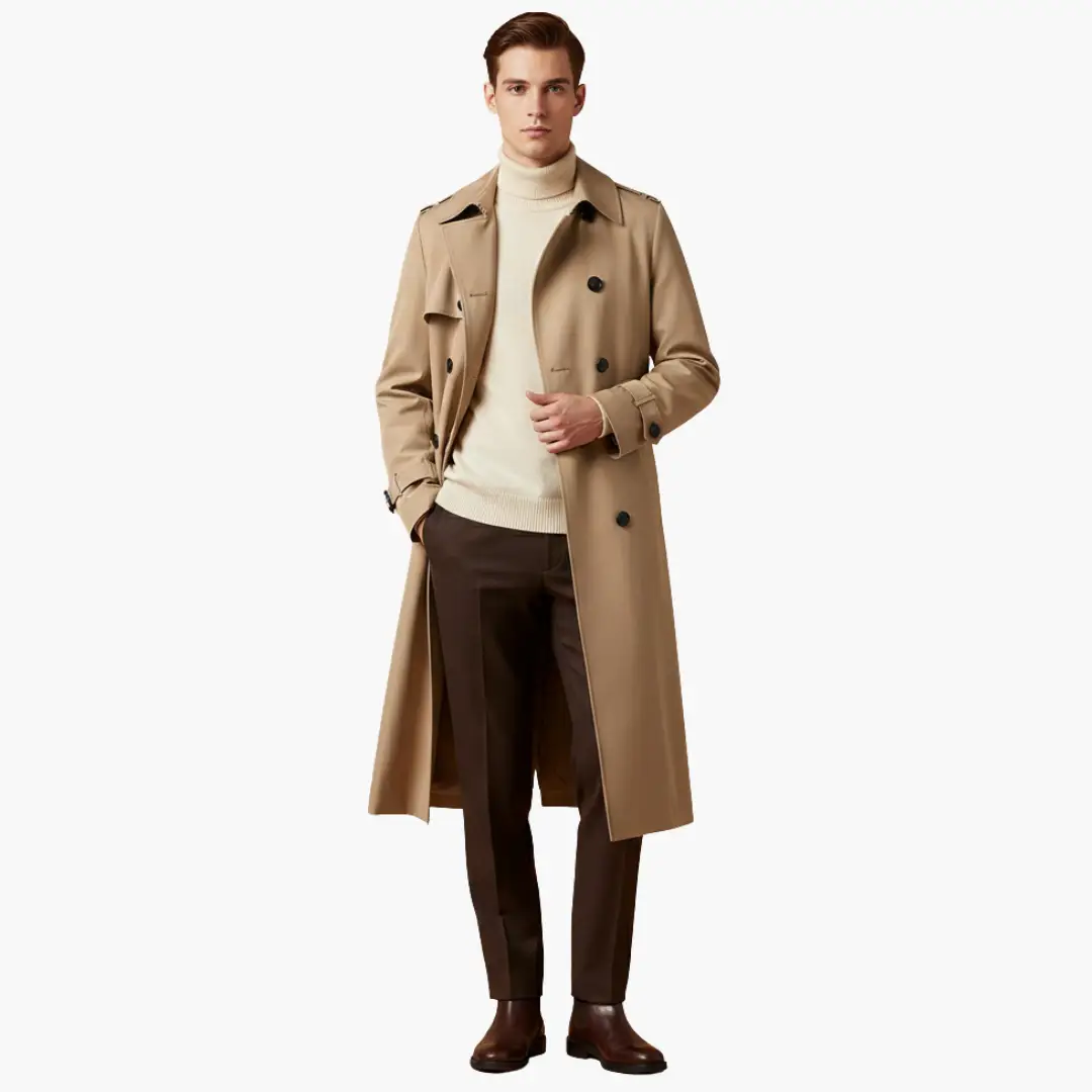 Dawson - Men's Belted Button Front Over the Knee Long Trench Coat