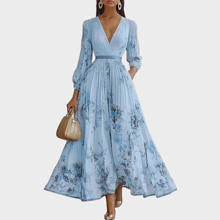 Carlotta - Women's Floral V-Neck Pleated Tiered A-Line Maxi Dress
