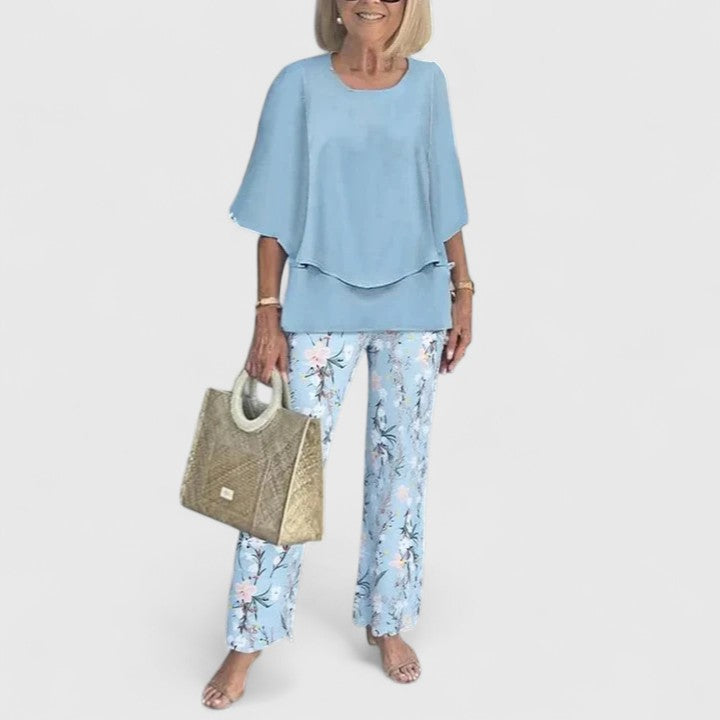 Eden - Women's 3/4 Sleeve Round Neck Top and Floral Wide Leg Pant Set
