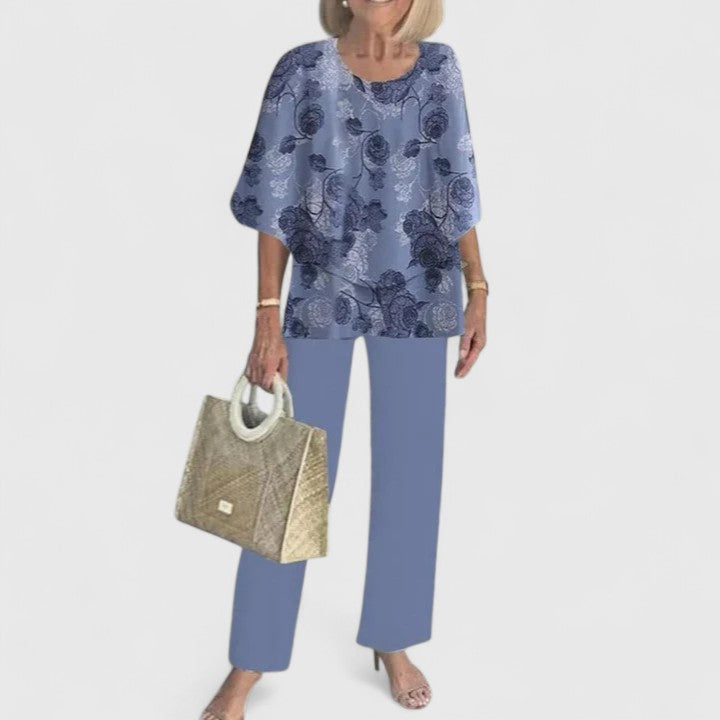 Eden - Women's 3/4 Sleeve Round Neck Top and Floral Wide Leg Pant Set