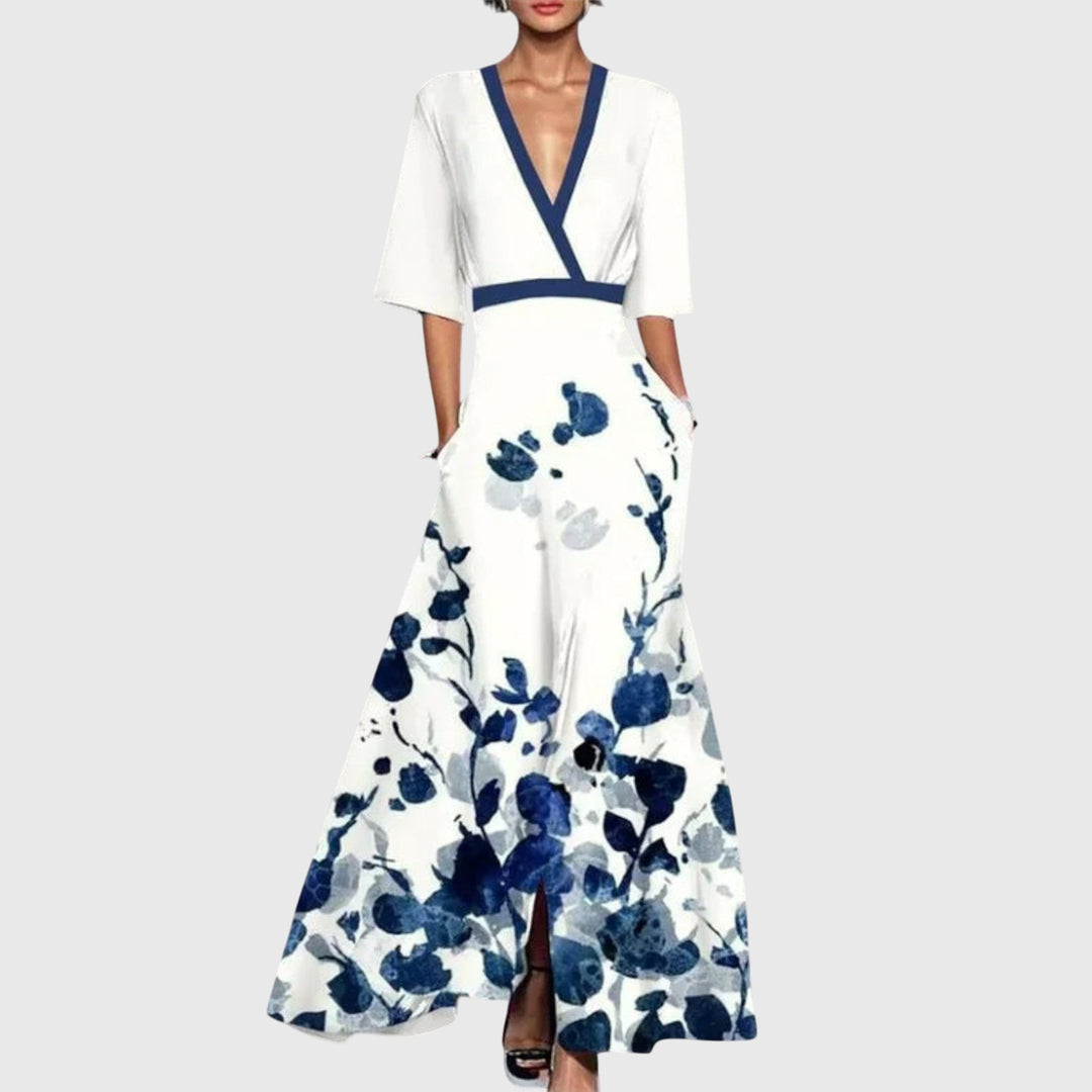 Brielle - Women's Floral V-Neck Wrap Belted Maxi Dress with 3/4 Sleeve