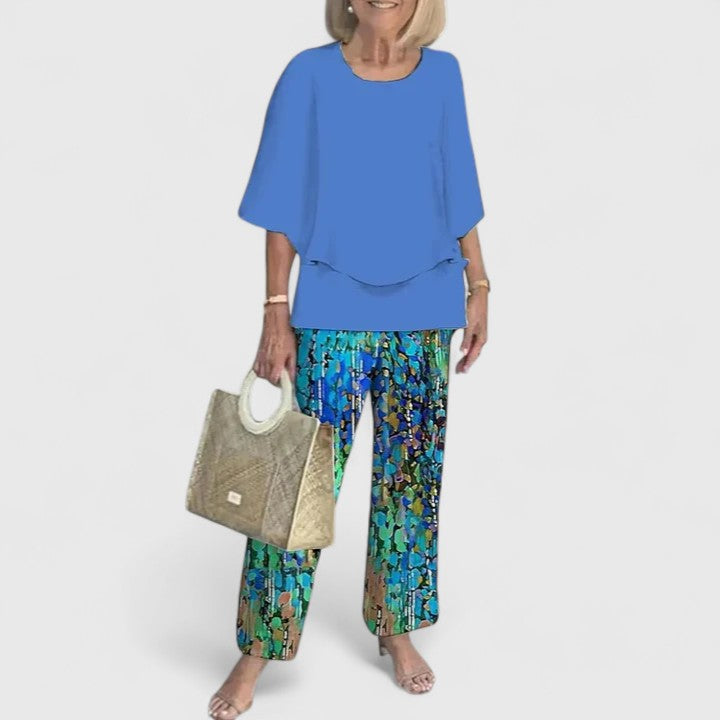 Eden - Women's 3/4 Sleeve Round Neck Top and Floral Wide Leg Pant Set