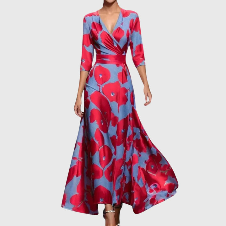 Brielle - Women's Floral V-Neck Wrap Belted Maxi Dress with 3/4 Sleeve