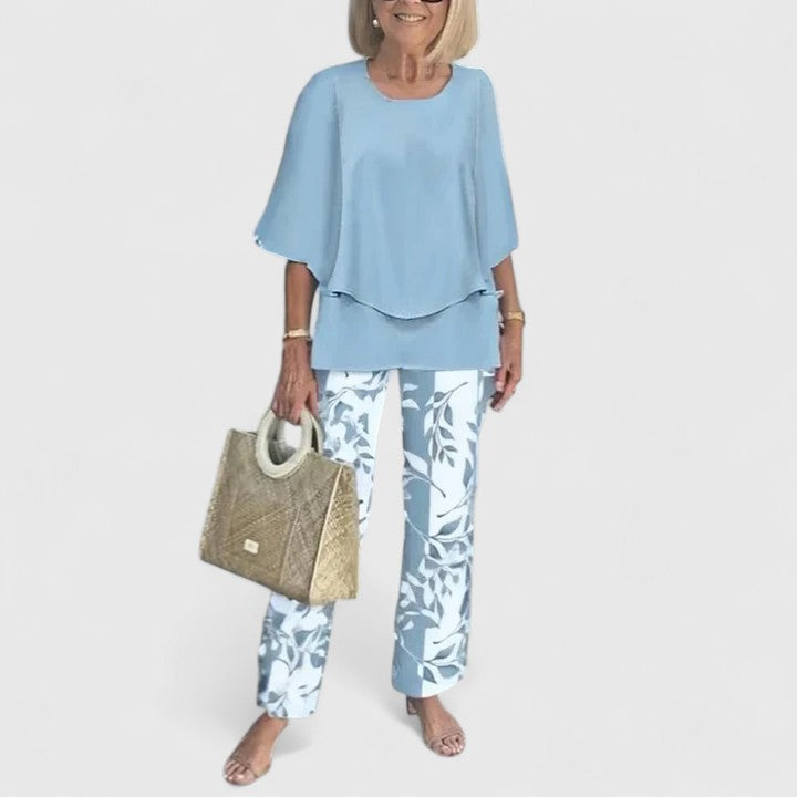 Eden - Women's 3/4 Sleeve Round Neck Top and Floral Wide Leg Pant Set