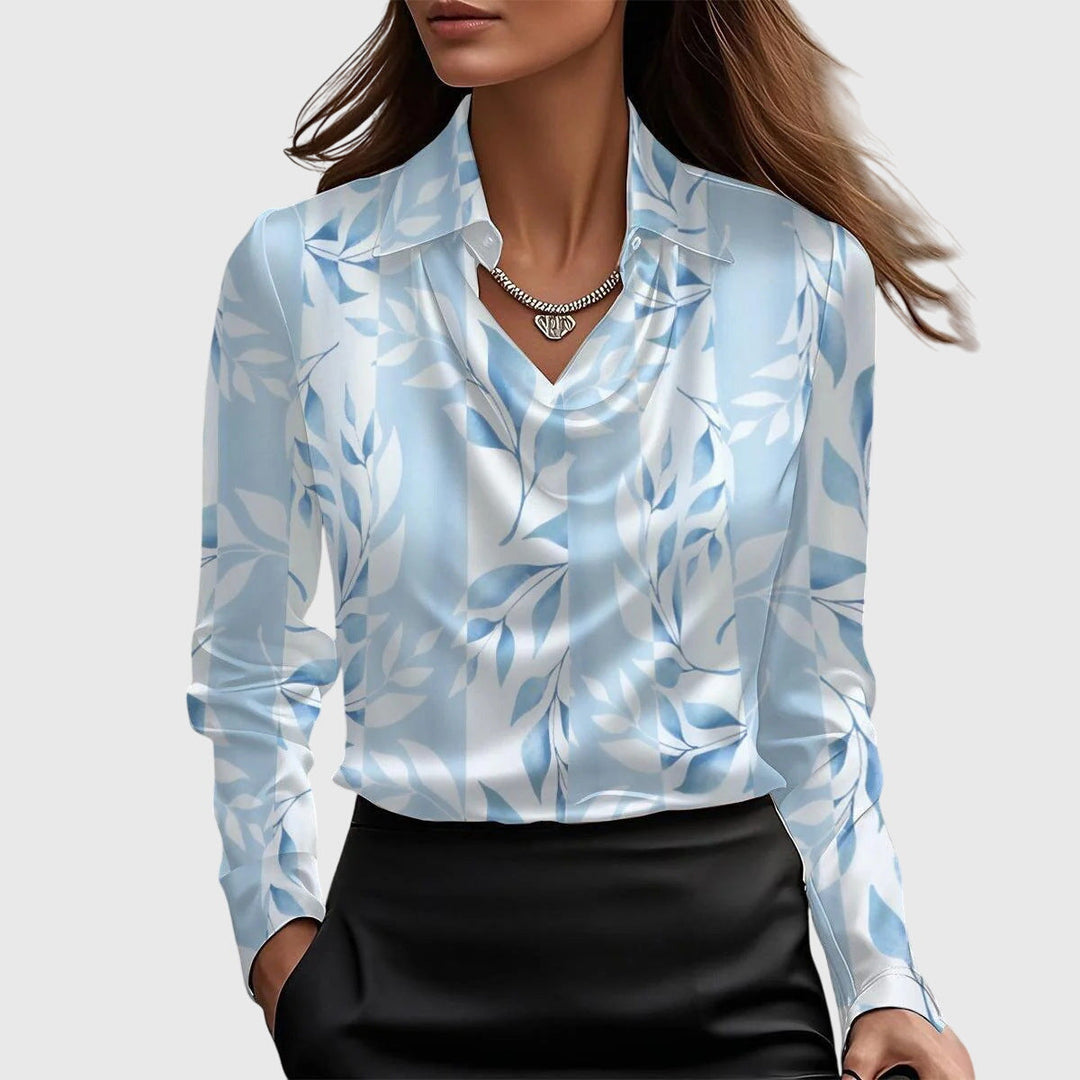 Edith - Women's Long Sleeve Collared Cowl Neck Satin Blouse with Cuffs
