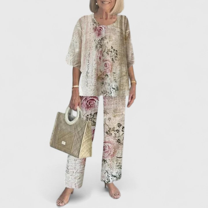 Eden - Women's 3/4 Sleeve Round Neck Top and Floral Wide Leg Pant Set