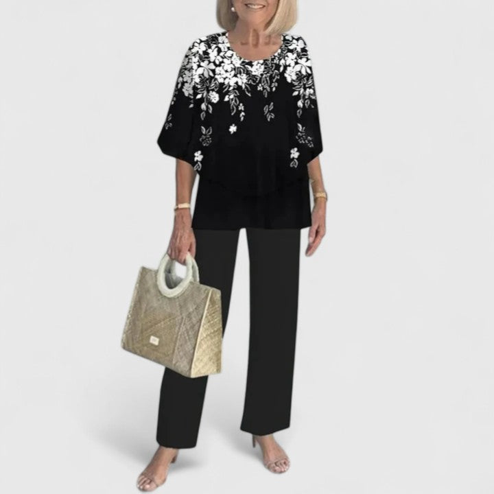 Eden - Women's 3/4 Sleeve Round Neck Top and Floral Wide Leg Pant Set