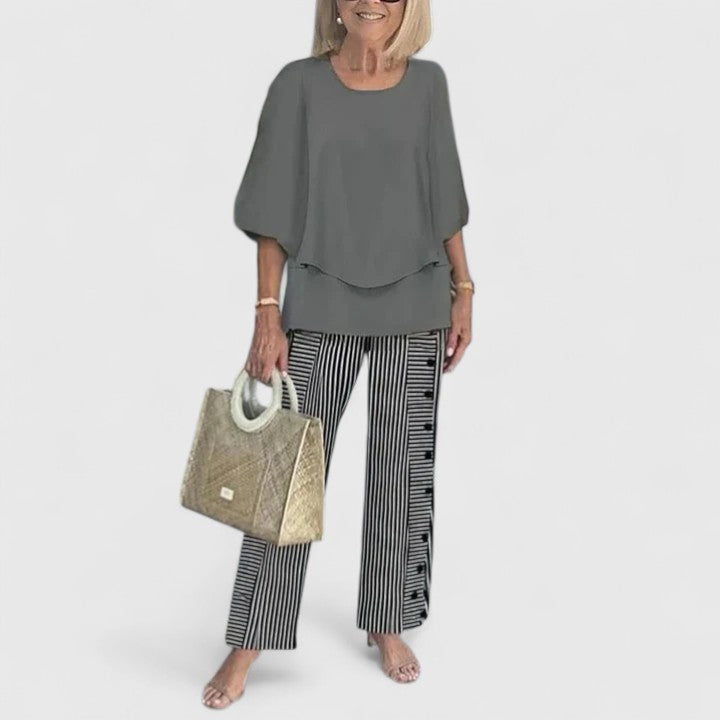 Eden - Women's 3/4 Sleeve Round Neck Top and Floral Wide Leg Pant Set