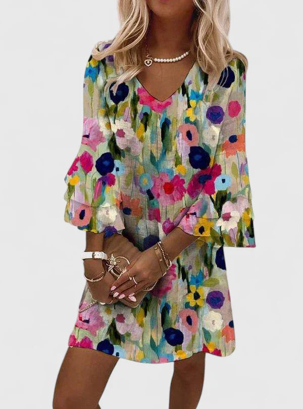 Brooke - Women's Floral V-Neck Ruffle 3/4 Sleeve A-Line Mini Dress