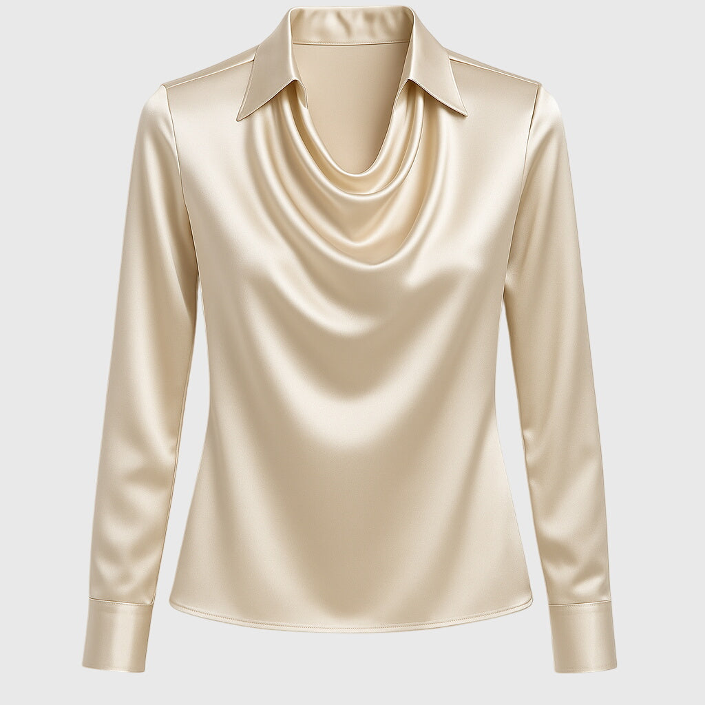 Edith - Women's Long Sleeve Collared Cowl Neck Satin Blouse with Cuffs