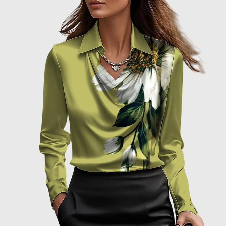 Edith - Women's Long Sleeve Collared Cowl Neck Satin Blouse with Cuffs
