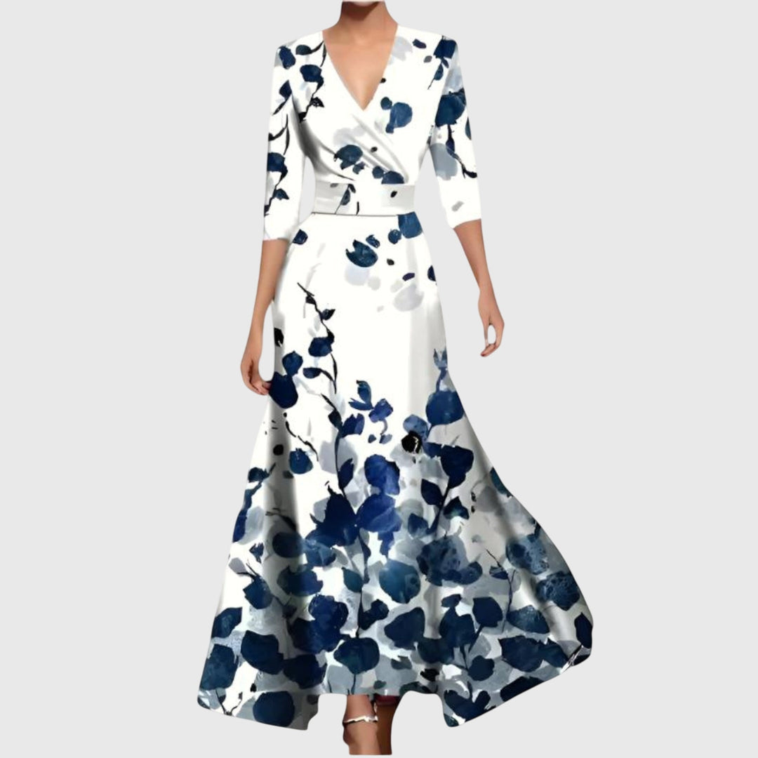 Brielle - Women's Floral V-Neck Wrap Belted Maxi Dress with 3/4 Sleeve