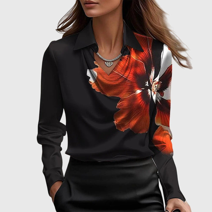 Edith - Women's Long Sleeve Collared Cowl Neck Satin Blouse with Cuffs