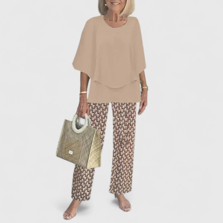 Eden - Women's 3/4 Sleeve Round Neck Top and Floral Wide Leg Pant Set